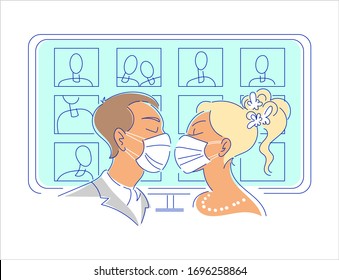 Wedding Broadcast With Virtual Online Guests Illustration. Kissing Groom, Bride In Protective Medical Face Masks, Display With Friends On The Background. Self Isolation, Live Stream Marriage Concept. 