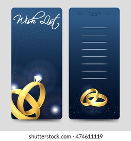 Wedding brochure flyer template with rings and glitters. Wedding wish list design vector