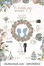 wedding budget template with hand  drawn flowers and objects. Vector illustration