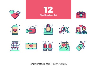 Wedding Bundle Set Flat Icon Illustration with Stroke