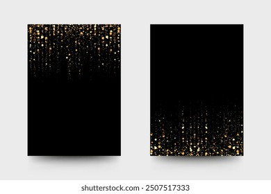 Wedding, business, presentation or birthday invitation templates with gold glitter sparkling garlands on black background.
