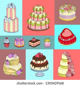 Wedding cake banner vector illustration. Chocolate and fruity desserts for sweet shop with fresh and tasty cupcakes, cakes, pudding, biscuits, whipped cream, glaze and sprinkles.
