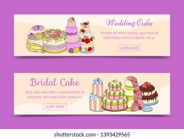Wedding cake banners vector illustration. Chocolate and fruity desserts for sweet shop with fresh and tasty cupcakes, cakes, pudding, biscuits, whipped cream, glaze and sprinkles.
