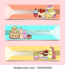 Wedding cake banners vector illustration. Chocolate and fruity desserts for sweet shop with fresh and tasty cupcakes, cakes, pudding, biscuits, whipped cream, glaze and sprinkles.