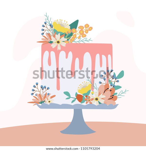 Wedding cake, birthday cake design with\
flower, vector\
illustration.