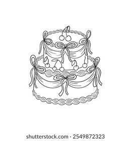 Bolo de casamento com arcos e cerejas em estilo retrô. Ilustração vetorial em vintage coquette estética. Feriado, aniversário, clipart dia dos namorados