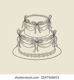 Bolo de casamento com arcos em um prato em estilo retro. Ilustração vetorial em vintage coquette estética. Feriado, aniversário, clipart dia dos namorados