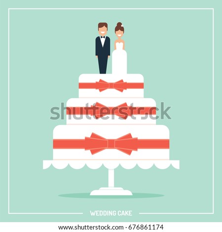 Wedding cake with bows and toppers bride and groom vector illustration/ greeting card