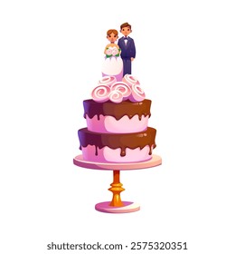 Wedding cake with bride and bridegroom figures for marriage or Valentine day, vector love symbol. Cartoon wedding cake with pink rose flowers and chocolate glaze on dessert tray with wedding couple