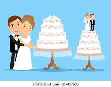 Wedding cake with bride and groom cutting wedding cake together. Wedding ceremony.   Vector illustration for wedding invitation