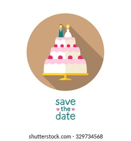 Wedding cake with bride and groom figures on top, modern flat style round vector icon, save the date card design template