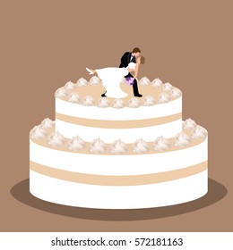 Wedding cake with bride and groom figurine. Cake with cream. Vector illustration. 
