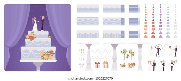 Wedding cake with bride and groom figurines, cream, frosting construction set, special day party creation, decoration elements to build your own design. Cartoon flat style infographic illustration
