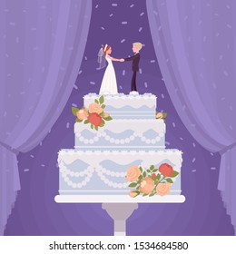 Wedding cake with bride and groom figurines, cream, frosting for, special day party creation, magnificent decoration for memorable treat, three-tier dessert. Vector flat style cartoon illustration