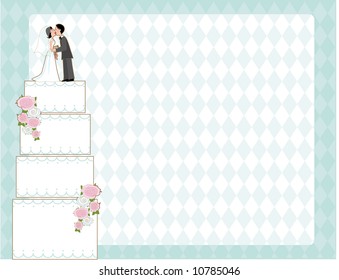 Wedding cake with bride and groom on top against a checkered background