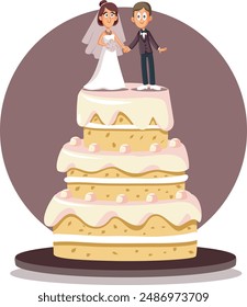 
Wedding Cake with Bride and Groom on a Platter Vector Cartoon. Cute, adorable husband and wife figurines on a celebrating dessert 
