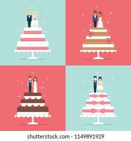 Wedding cake with bride and groom toppers flat vector icon set