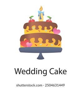 Wedding cake with burning candle, flat icon 