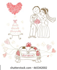 wedding cake with butterflies, happy bride and groom, heart made of roses, just married on car, balloons. cartoon vector illustration