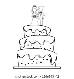 Wedding cake cartoon isolated in black and white