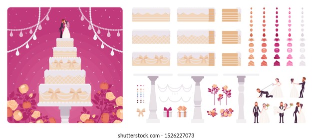 Wedding cake for ceremony, bride, groom figurines, cream, frosting construction set, special day party creation, decoration elements to build own design. Cartoon flat style infographic illustration