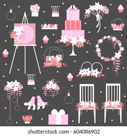 Wedding cake, chairs, flowers, birds. Vector pattern.