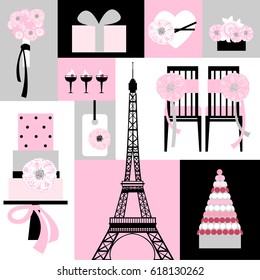 Wedding  cake, chairs, flowers. Theme - Paris. Vector illustration.
