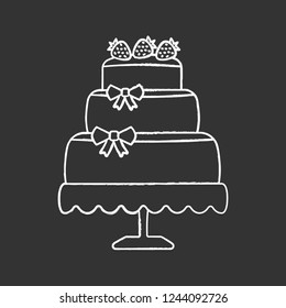 Wedding cake chalk icon. Stacked holiday cake with bows and strawberries. Confectionery, bakery. Isolated vector chalkboard illustration