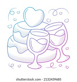 Wedding cake and cheers clipart with Hand drawn gradient outline style