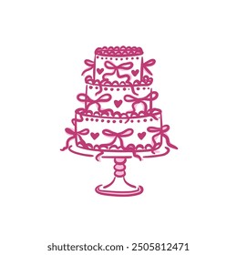 Wedding cake in classic style with decorative bows. Isolated vector illustration on white background. A holiday dessert in a whimsical hand-drawn style.