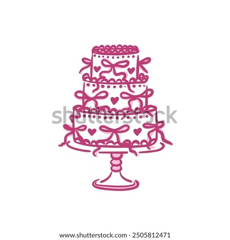 Wedding cake in classic style with decorative bows. Isolated vector illustration on white background. A holiday dessert in a whimsical hand-drawn style.