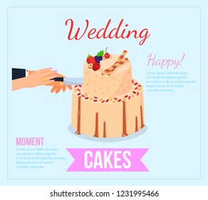Wedding Cake Concept. Delivery Sweets to Celebration. Homemade Bakery for Newlyweds. Advertising Banner for Bakery. Dessert for Wedding Reception. Hands cutting Cake. Vector Flat Illustration.