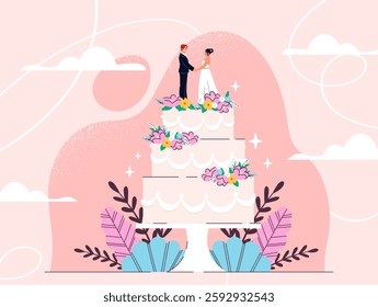 Wedding cake concept. Dessert and delicacy for marriage ceremony. Wife and husband, groom and bride. Romance and love. Pastry, bakery and confectionery. Flat vector illustration