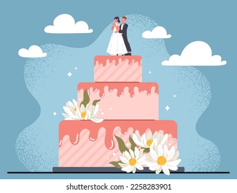 Wedding cake concept. Large dessert or delicacy with white flowers and figurines of bride and groom on top. Sweetness for wedding ceremony. Design for greeting card. Cartoon flat vector illustration