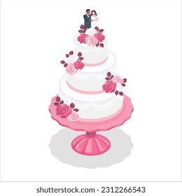 Wedding cake concept. Large dessert or delicacy with white flowers and figurines of bride and groom on top. Sweetness for wedding ceremony. Design for greeting card. Cartoon flat vector illustration