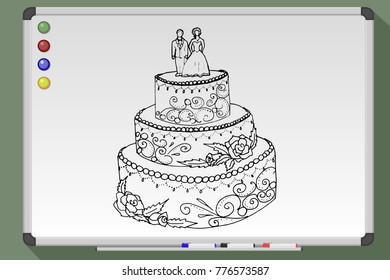 wedding cake with couple. hand drawn vector illustration