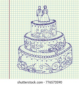 wedding cake with couple. hand drawn vector illustration