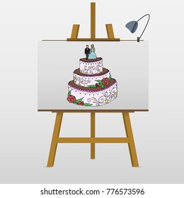 wedding cake with couple. hand drawn vector illustration