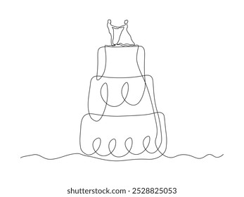 Bolo de casamento com um casal de amantes de mãos dadas, recém-casados, desenho de mão de uma linha contínua, logotipo