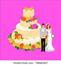 wedding cake with couple at side illustration vector