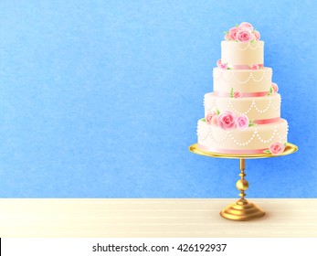 Wedding cake with cream roses on top and between tiers against blue background realistic image vector illustration 