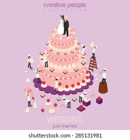 Wedding cake cream tart micro just married couple groom bride bakers confectionery tools around. Creative flat 3d isometric postcard concept holiday event organization service confectioner business.