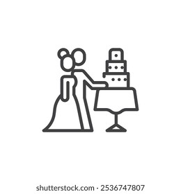 Wedding Cake Cutting line icon. linear style sign for mobile concept and web design. Couple cuts the cake outline vector icon. Symbol, logo illustration. Vector graphics