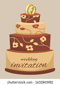 Wedding cake decorated with cream, rings, flowers and invitation words, cartoon vector illustration. Invitation card for wedding day with cake on brown background.