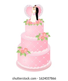 Wedding cake decorated cream roses and heart and bride and groom figurines married couple on top. Vector illustration.