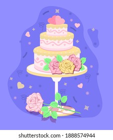 Wedding cake decorated with flowers and hearts. Vector illustration.