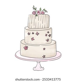 Wedding cake decorated with flowers Vector illustration hand drawing