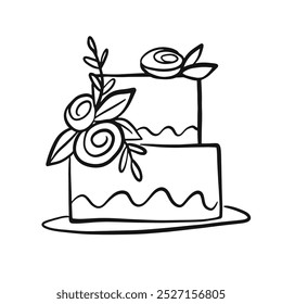 Wedding Cake Decorated. Hand Drawn Doodle Sketch Outline Icon Logo Design. Vector Illustration Clip Art Isolated on White. Vintage Retro Style