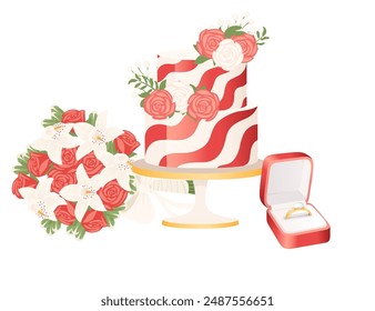 Wedding cake decorated with red flowers on gold stand and with golden rings in red box, beautiful flower bouquet vector illustration isolated on white background