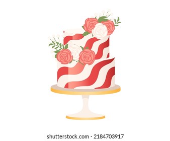 Wedding cake decorated with rose flowers on gold stand vector illustration isolated on white background